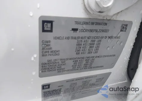 2020 Chevrolet Silverado 1500 4Wd Standard Bed Custom z USA, uszkodzony, nr VIN 1GCRYBEF5LZ290227